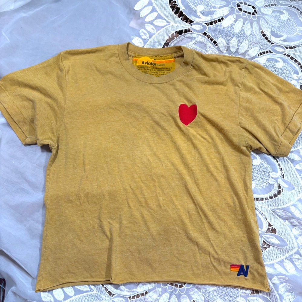 Aviator Nation Womens Heart Patch T-Shirt Mustard Yellow Short Sleeve Size S